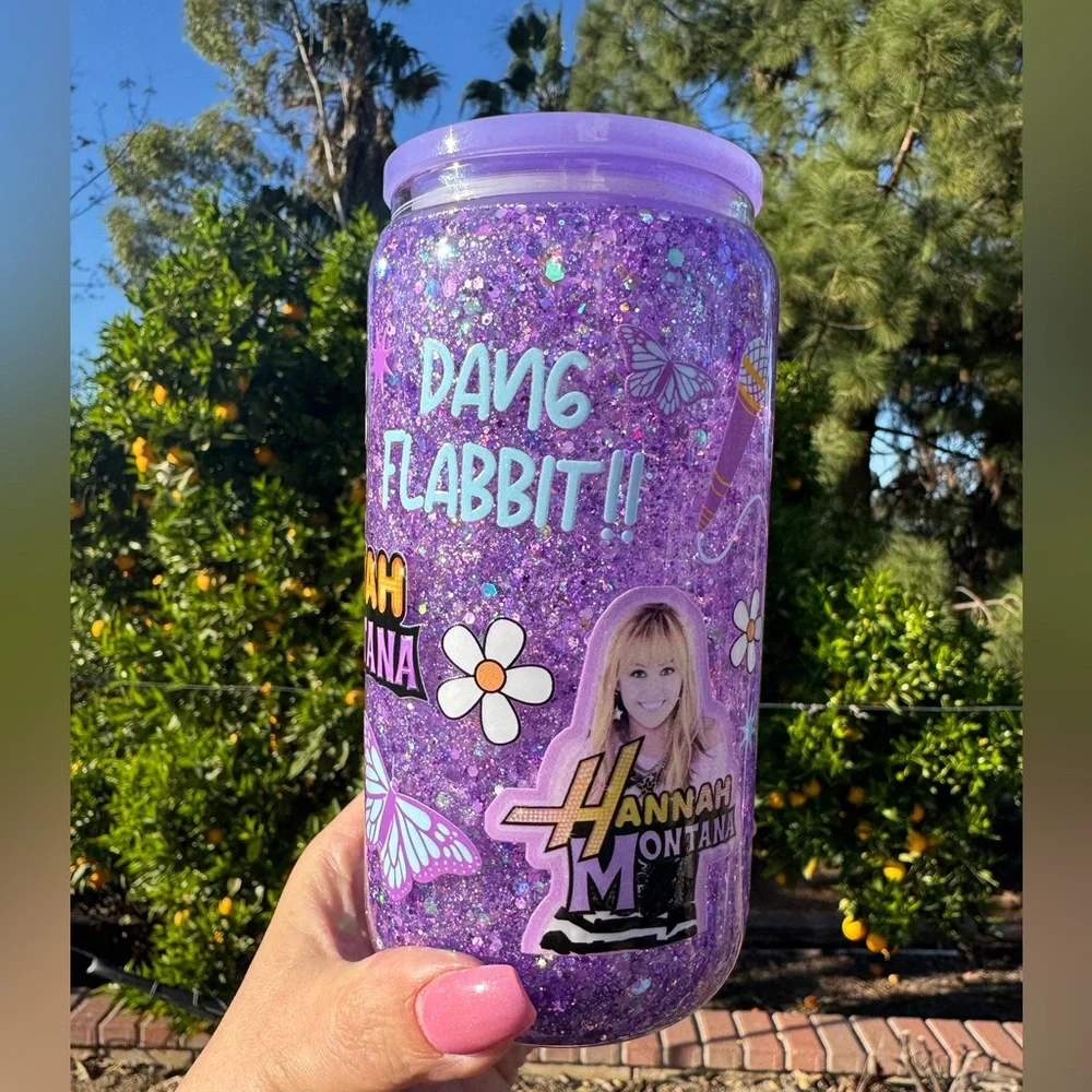 Hannah Montana snow globe glass Tumbler with decorated lid 16oz